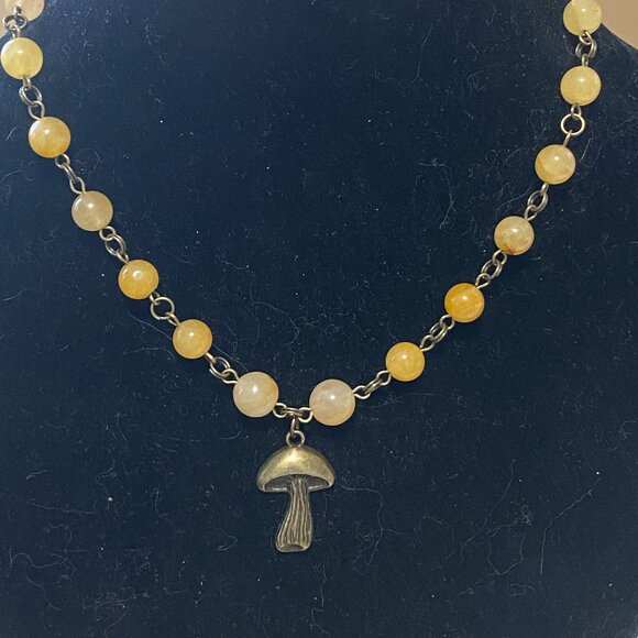 Genuine Yellow Aventurine Short Necklace,Bronze Slim Mushroom + Natural Gemstone - Picture 3 of 16